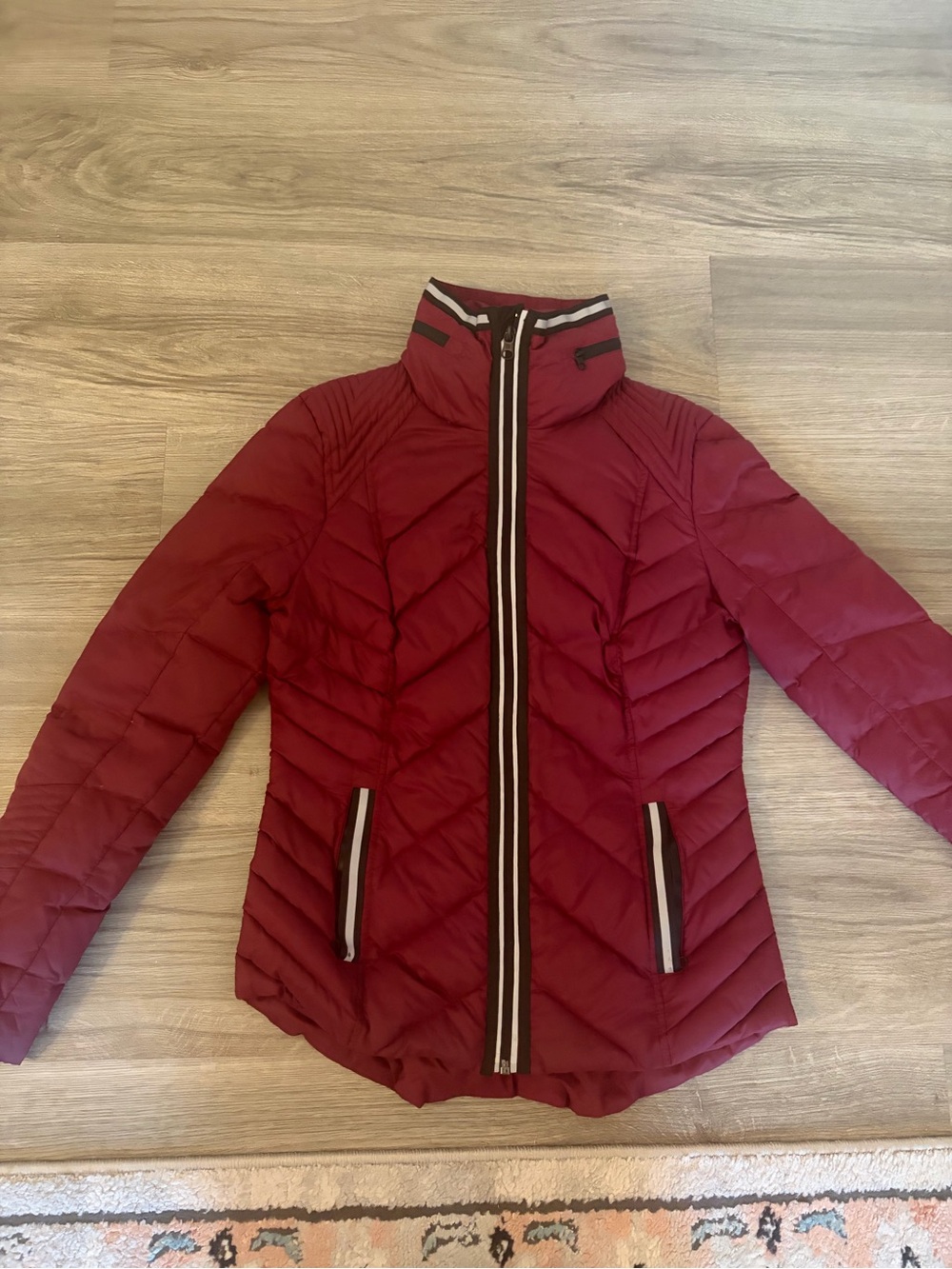 blanc noir Burgundy Quilted Puffer Jacket with Contrast Zip Trim